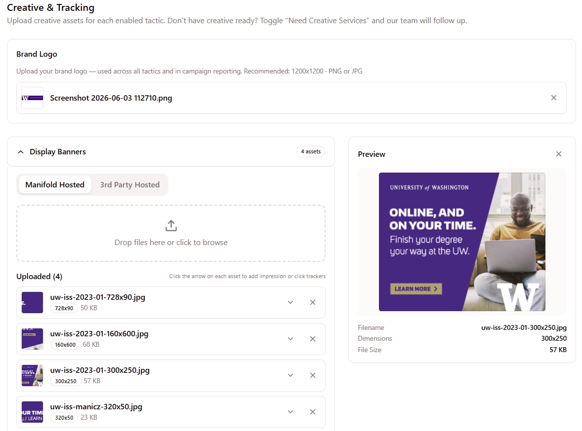Step 4 of the Manifold campaign wizard, uploading display banner creative across standard IAB sizes with a live ad preview, or toggling Need Creative Services for the team to follow up